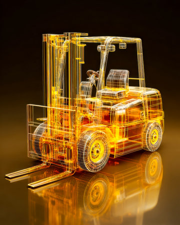 A luminous 3d wireframe model of a forklift sculpture shimmers with warm yellow-orange highlights against a stark black backdrop, emphasizing technoloの写真素材