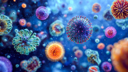 Vivid depiction of tiny microbes and pathogens suspended in liquid, showing intricate structures and vibrant hues in a dynamic, scientific style.の写真素材