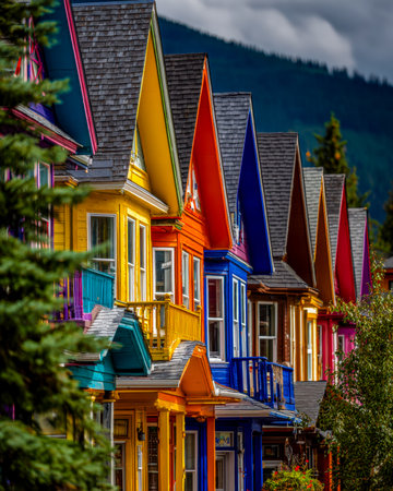 Colorful houses line a charming mountain street, their vivid facades set against lush greenery and majestic peaks, creating a picturesque village sceneの写真素材