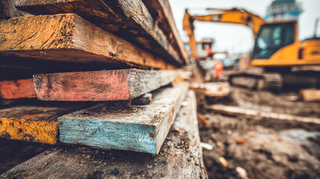 Weathered timber logs arranged in a neat pile, set against a construction zone with towering...