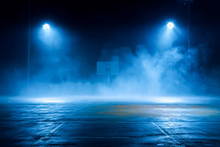 A dimly lit gym features a glowing court shrouded in mist, bathed in cool blue hues, creating a mysterious, high-energy atmosphere for athletic momentの写真素材