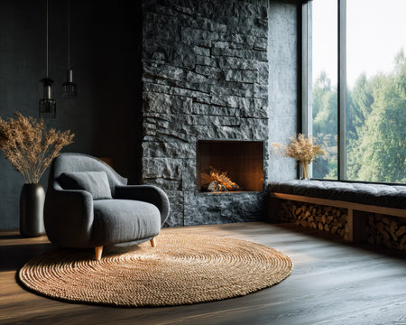 A inviting space with a textured stone fireplace, plush gray armchair, soft daylight filtering through, and dried floral accents creating warmth.の写真素材