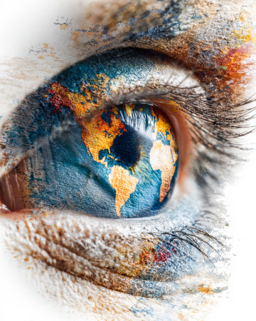 A detailed eye with a captivating globe mirror in the iris, blending human insight with global awareness in a vivid, artistic composition.の写真素材