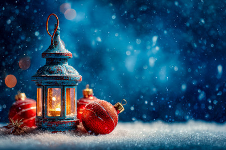 An antique lantern casting a warm glow on festive red baubles nestled in snow, creating a cozy, nostalgic holiday winter ambiance.の写真素材