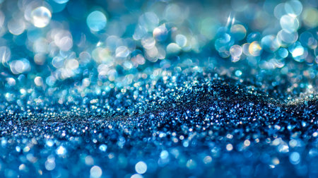 Vibrant blue shimmer captured in fine particles, set against a blurred, sparkling background, perfect for glamorous, festive, or creative themes.の写真素材