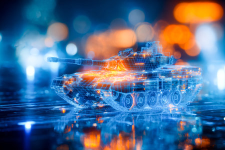 A floating 3d tank hologram illuminated with vibrant blue and orange accents, set against a sleek, high-tech control room background.の写真素材