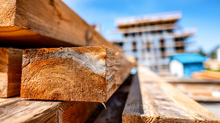Textured wooden boards are arranged in a neat pile, with a modern structure rising in the hazy background, capturing industrial craftsmanship.の写真素材
