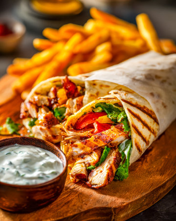 Juicy grilled chicken nestled in a soft flatbread with crisp veggies and savory dip, accompanied by golden, crunchy fries, creating a flavorful feast.の写真素材