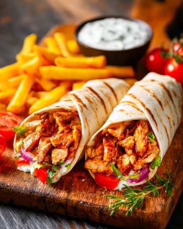 Juicy grilled chicken wraps filled with crisp vegetables, accompanied by golden fries and a rich, creamy dip on a charming wooden backdrop.の写真素材