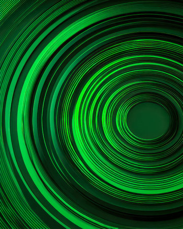 Vibrant green abstract design featuring dynamic swirling rings with a luminous glow, creating a mesmerizing sense of motion and energy.の写真素材