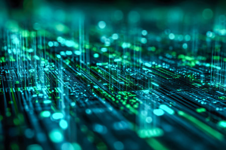 A high-tech scene featuring vibrant neon pathways and nodes in green and blue, evoking a sense of digital innovation and interconnected systems.の写真素材