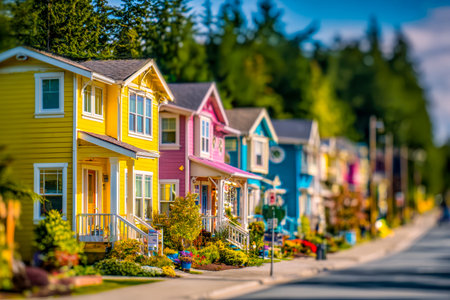 Vibrant homes line a picturesque street surrounded by verdant trees and blooming gardens, evoking a cozy, inviting atmosphere perfect for community anの写真素材