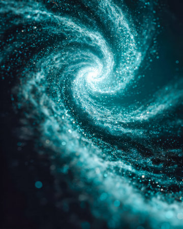 A luminous spiral of cosmic dust and stars, shimmering with dazzling particles and vibrant light, evoking a sense of infinite universe wonder.の写真素材