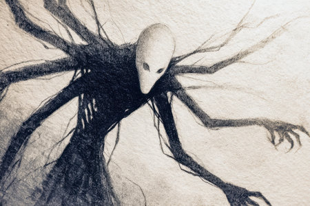 An otherworldly being with a avian skull visage and stretched limbs merges seamlessly into a shadowy, geometric arboreal silhouette, evoking mystery aの写真素材