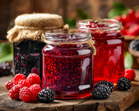 Rustic wooden surface featuring homemade berry preserves in glass jars, dotted with vibrant raspberries and blackberries for a wholesome, inviting sceの写真素材