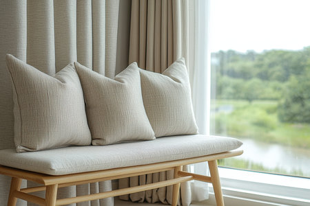 A tranquil corner featuring plush beige cushions by expansive glass, inviting relaxation amid lush...