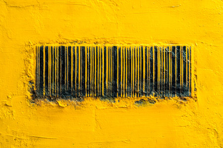 Bold black lines form a barcode pattern against a lively yellow background, evoking urban art and...