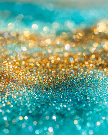 Abstract close-up of sparkling turquoise and gold particles with a soft bokeh glow, creating a...