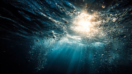 Sunbeams filter through crystal-clear waters, illuminating floating bubbles and creating a serene,...