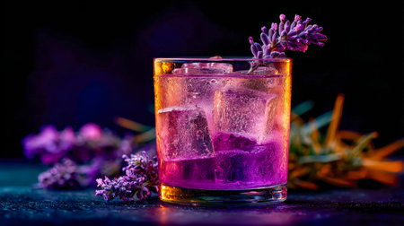 A striking lavender-hued drink adorned with floral accents and ice cubes, set against a dark...