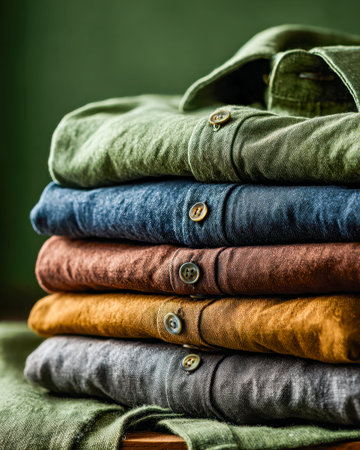 Vibrant casual shirts with varied hues neatly layered atop a rustic wooden table, creating a lively...
