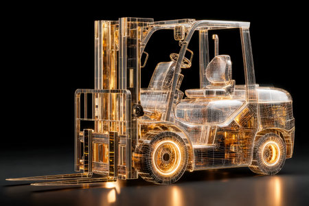 A luminous wireframe depiction of a modern forklift emerges from darkness, blending high-tech...