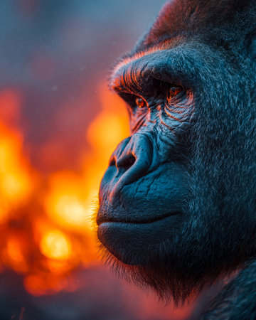 Intense close-up of a gorilla's face, showcasing powerful features against a vibrant, fiery backdrop...