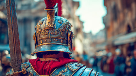 A noble knight clad in shining armor stands confidently on an ancient city street, blending medieval...