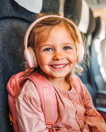 A cheerful young girl reclines in her airplane seat, wearing headphones, immersed in music or a show, radiating joy and adventure spirit.のeditorial素材