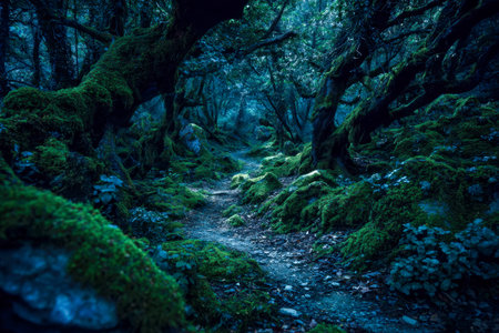 A winding woodland path cloaked in lush moss, surrounded by towering trees and foggy ambiance that...