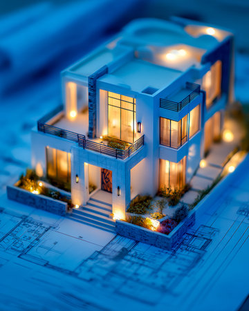 A sleek, upscale house design illuminated from within, laid over detailed blueprints showing...