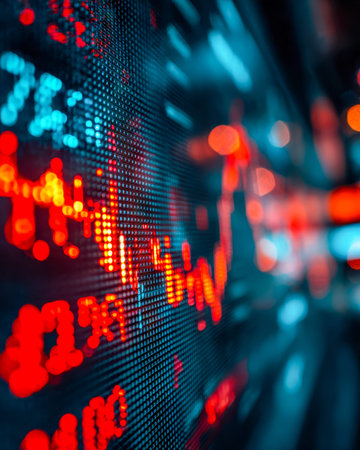 Illuminated screen with vibrant red and blue graphs, pinpoint data points, conveying dynamic...
