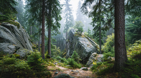 Verdant woodland scene featuring towering pines, sizable moss-covered boulders, and a mysterious fog...