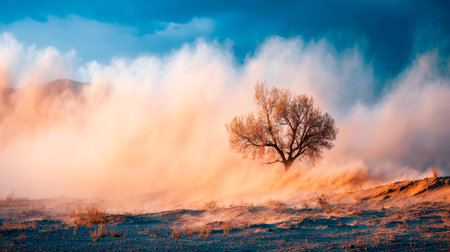 A lone tree stands steadfast amid swirling dust and relentless gusts, silhouetted against a fiery...