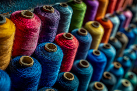 Brightly colored thread spools create a lively mosaic, perfect for craft projects or inspiring...