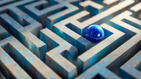 A vibrant blue sphere navigates through a weathered, oxidized maze, blending playful design with...