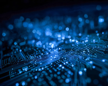 A detailed view of a tech circuit with glowing blue components casting an ambient glow in a shadowy...