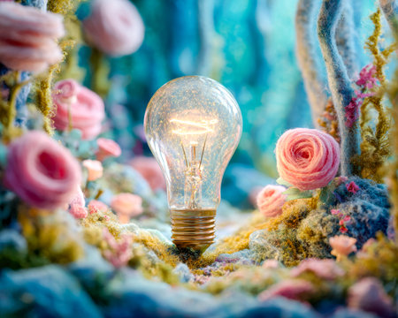A luminous filament burns inside a classic bulb, encircled by vibrant, soft wool blossoms creating...