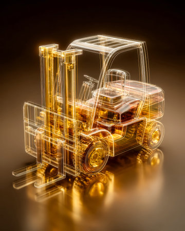 A sleek, glowing gold and clear material forklift showcases advanced technology and modern...