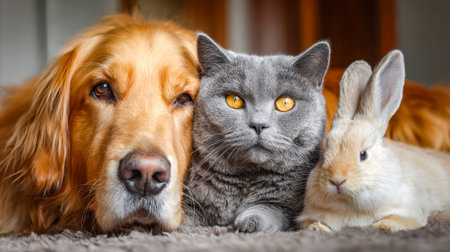 A plush living space featuring a dog, cat, and rabbit sharing a warm, peaceful moment amid soft...