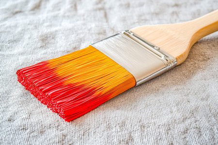 A detailed shot of a brush layered with fiery hues, resting on textured wood, evoking warmth,...