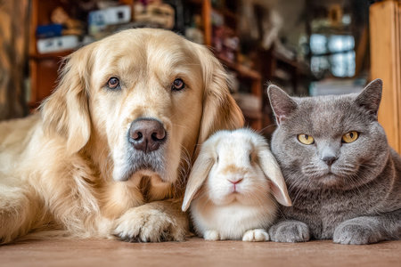 A peaceful scene of a dog, rabbit, and cat cuddled on a warm wooden surface, exuding comfort and...