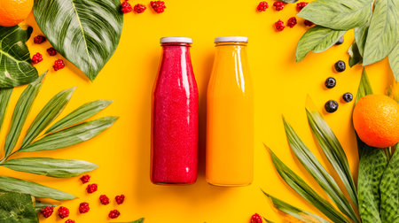 Bright, refreshing beverages in elegant glass containers, encircled by ripe fruits and lush...
