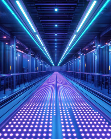 A sleek, high-tech corridor bathed in electric blue and violet neon glows, featuring a luminous...