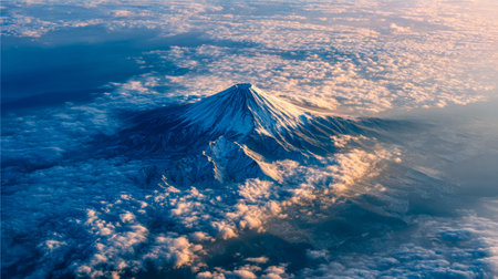 A towering icy summit pierces through a sea of clouds as warm sunset hues bathe its rugged slopes,...