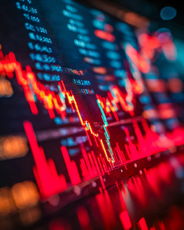 A dynamic digital graph with colorful lines and data points showing market fluctuations, ideal for...