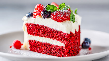 Indulge in a rich crimson cake slice adorned with juicy berries and vibrant mint leaves, elegant on...