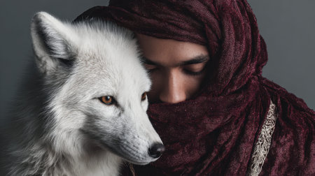 A serene individual wearing a vibrant headscarf gently gazes alongside a majestic white wolf,...