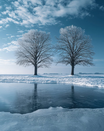 Stark trees devoid of leaves gaze over a chilly pond, its surface partly frozen, amid pristine snow...
