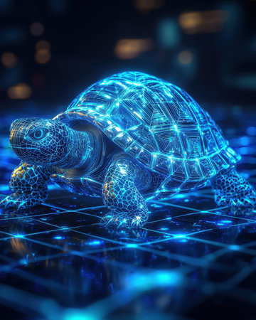 A sleek, high-tech turtle adorned with radiant blue circuit pathways, set against a dark, digital...